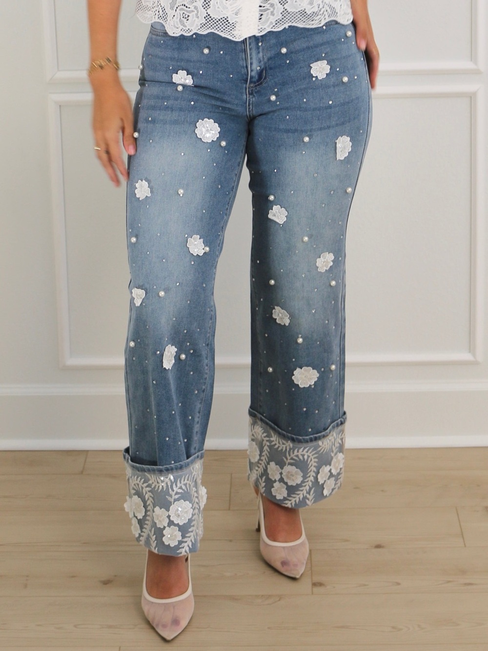 Helena Embellished Floral Pearl Cuff Jeans